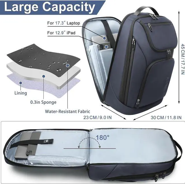 Alt view image 4 of 5 - hk Business Smart Backpack for Men Anti-Theft for 17.3 Inch Laptop with USB Charging Port Water-Resistant Large Durable Compact 30L for Travel College Work-Deep Blue