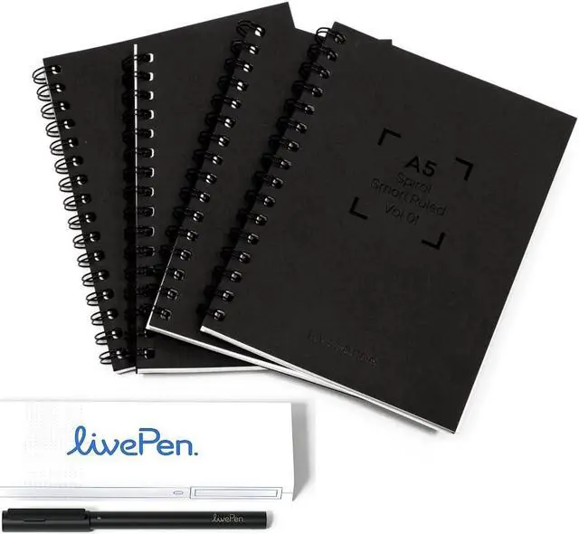 Main image of Livescribe LivePen Starter Set | Sync Real Ink and Paper Notes to Phone, Web, Tablet, Desktop, Laptop | Record Audio Synced to Notes | Includes Smart Pen and A5 Journal Notebooks (4-Pack) | APNX-70103