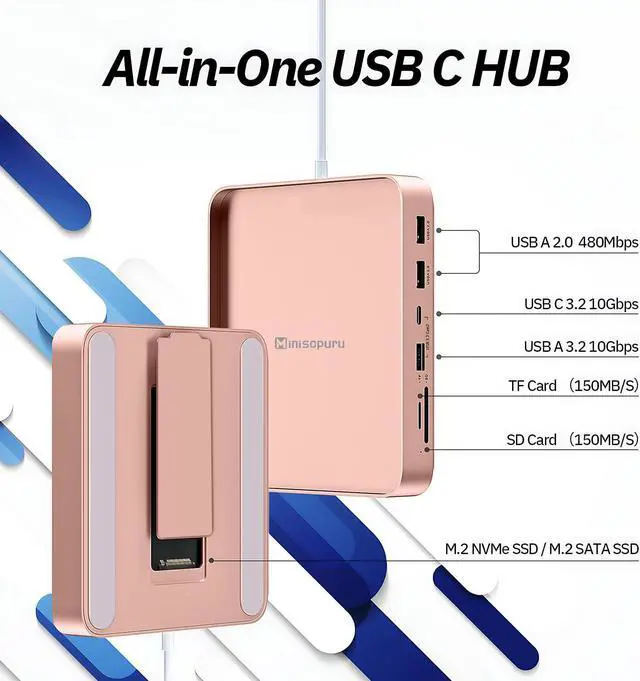 Alt view image 2 of 5 - USB C Hub for iMac 24 inch 2021/2023/2024, Minisopuru iMac Hub Support M.2 NVMe SSD, iMac Accessories for iMac M1/M3/M4, iMac Adapter with USB A/C 10Gbps, SD/TF, M.2 SSD (Not Included), Pink.