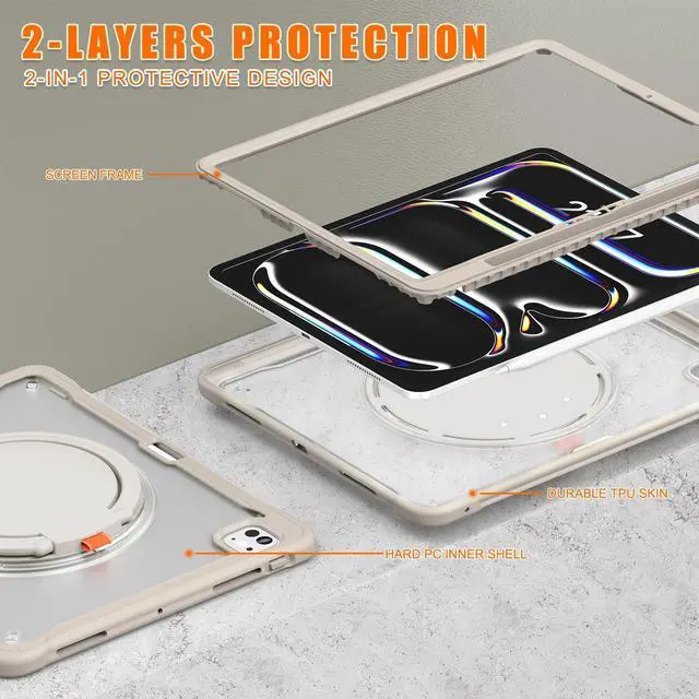 Alt view image 3 of 5 - Batianda iPad Pro 13 inch Case 2024 M4 Chip Lightweight Dual-Layer Protective Tablet Cover, Durable Shock-Absorbing Corners with 360° Rotating Retractable Kickstand Ring Built-in Pen Slot, Khaki