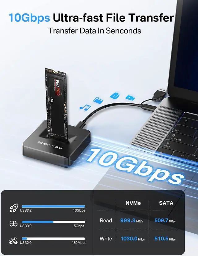 Alt view image 2 of 5 - ACASIS NVME SSD Reader Adapter, Aluminium Alloy Housing Fast Heat Dissipation, NVME to USB Docking Station, M.2 SSD to USB Adapter 10Gbps, Support M.2 (M Key) NVMe SSD and (B+M Key) SATA-Based SSD