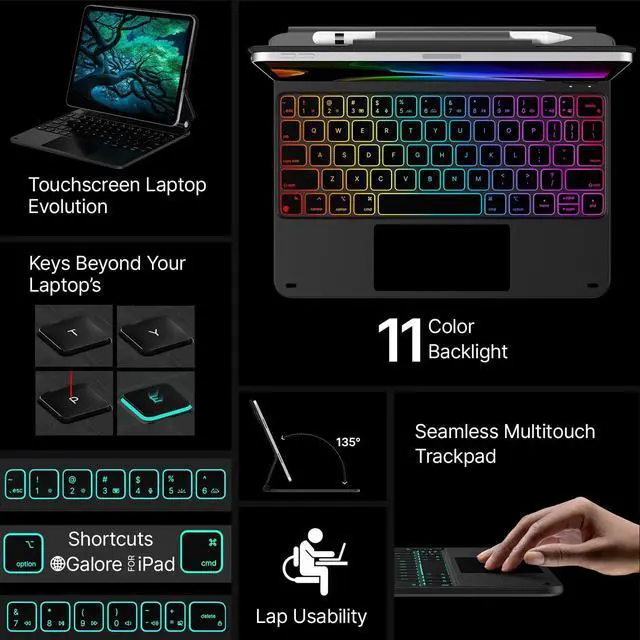 Alt view image 3 of 5 - typecase Edge Keyboard Case for iPad 11th Gen A16 (2025) & 10th Gen 10.9" (2022)  Multi-Touch Trackpad, 11-Color Backlit Magic-Style Keyboard  Floating Magnetic Stand, Pencil Holder  Black