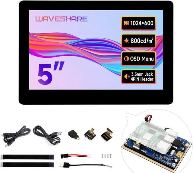 Main image of Waveshare 5inch High-Brightness Touch Screen, Compatible with Raspberry Pi 5/4B/3B/Zero/Zero W/Zero 2W/Pico/Pico W/Pico WH, Supports Windows 11/10/8.1/8/7 and Jetson Nano, Wide-Bezel Capacitive Touch
