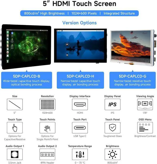 Alt view image 3 of 5 - Waveshare 5inch High-Brightness Touch Screen, Compatible with Raspberry Pi 5/4B/3B/Zero/Zero W/Zero 2W/Pico/Pico W/Pico WH, Supports Windows 11/10/8.1/8/7 and Jetson Nano, Wide-Bezel Capacitive Touch