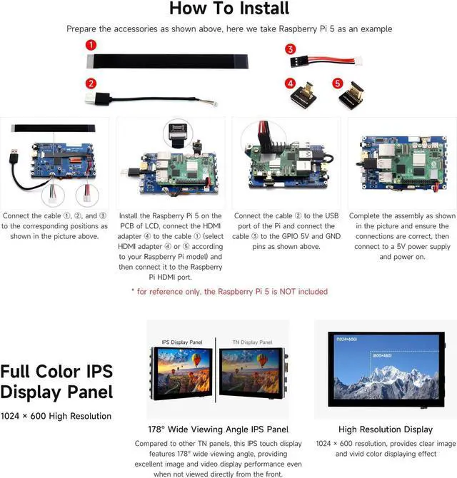 Alt view image 5 of 5 - Waveshare 5inch High-Brightness Touch Screen, Compatible with Raspberry Pi 5/4B/3B/Zero/Zero W/Zero 2W/Pico/Pico W/Pico WH, Supports Windows 11/10/8.1/8/7 and Jetson Nano, Wide-Bezel Capacitive Touch