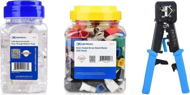 Main image of Cable Matters 100-Pack Cat 6 Pass Through RJ45 Connectors for Solid or Stranded UTP Ethernet Cable & Modular RJ45 Crimp Tool for Pass-Through Connectors & 8-Color 200-Pack Strain Relief Boots