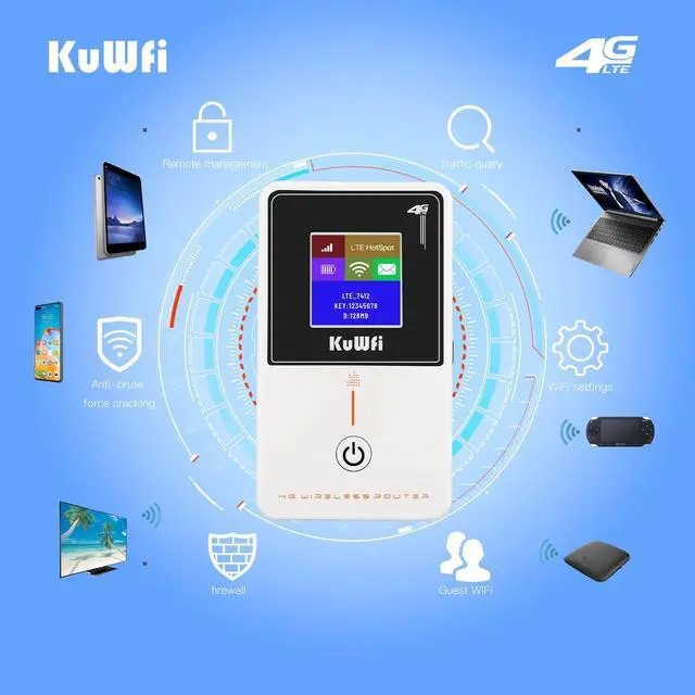 Alt view image 2 of 5 - KuWFi Mobile Hotspot Router Device Unlocked, 150Mbps Portable WiFi Hotspot Router for Travel, Pocket WiFi Hot Spot Works Best with AT&T T-Mobile, 10 Connected Devices, B2/B4/B5/B12/B17 Network Band