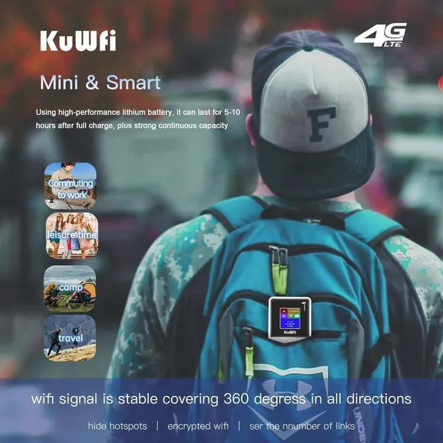 Alt view image 4 of 5 - KuWFi Mobile Hotspot Router Device Unlocked, 150Mbps Portable WiFi Hotspot Router for Travel, Pocket WiFi Hot Spot Works Best with AT&T T-Mobile, 10 Connected Devices, B2/B4/B5/B12/B17 Network Band
