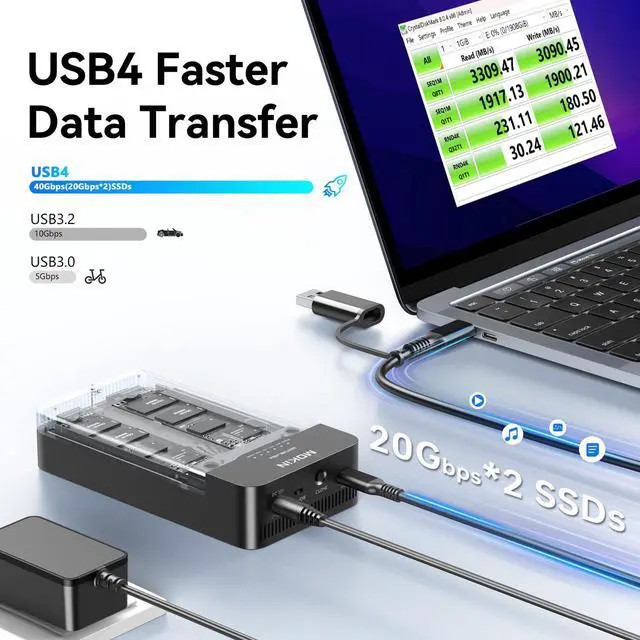 Alt view image 3 of 5 - Dual-Bay Offline Clone Tool-Free NVMe M.2 SSD Enclosure 40Gbps USB4 with Cooling Fan, Compatible with MacBook M4/Pro/Max, Mac Mini, Supports NVMe PCIe Size 2230/2242/2260/2280 (Up to 8TB)