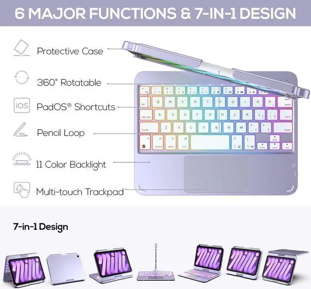 Alt view image 3 of 4 - typecase Keyboard Case for iPad Mini 7 (2024) & Mini 6 (2021) - Wireless Case with Keyboard for iPad Mini 7th 6th Generation 8.3" - 10 Colors Backlit Keyboard Cover with Trackpad - Light Purple