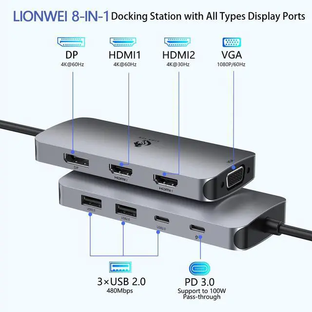 Alt view image 2 of 5 - LIONWEI USB C Docking Station Dual Monitor, Laptop Docking Station 3 Monitors Quadruple Display with Dual 4K HDMI, DP, VGA, 100W PD, 3 USB C/A 2.0, Laptop Dock for Dell, Lenovo, HP, Surface