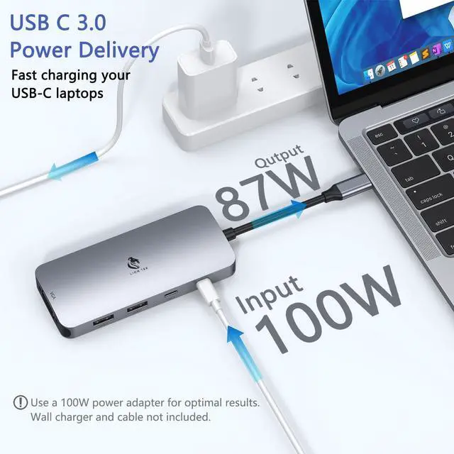 Alt view image 5 of 5 - LIONWEI USB C Docking Station Dual Monitor, Laptop Docking Station 3 Monitors Quadruple Display with Dual 4K HDMI, DP, VGA, 100W PD, 3 USB C/A 2.0, Laptop Dock for Dell, Lenovo, HP, Surface