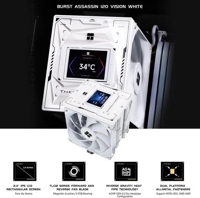 Alt view image 3 of 5 - Thermalright Burst Assassin 120 Vision Digital CPU Cooler - IPS 2.4-inch Square Rotatable Display, 120mm Forward and Reverse Fan Design, Support Intel LGA1700/1150/1151/1200/1851, AMD AM4/AM5|White