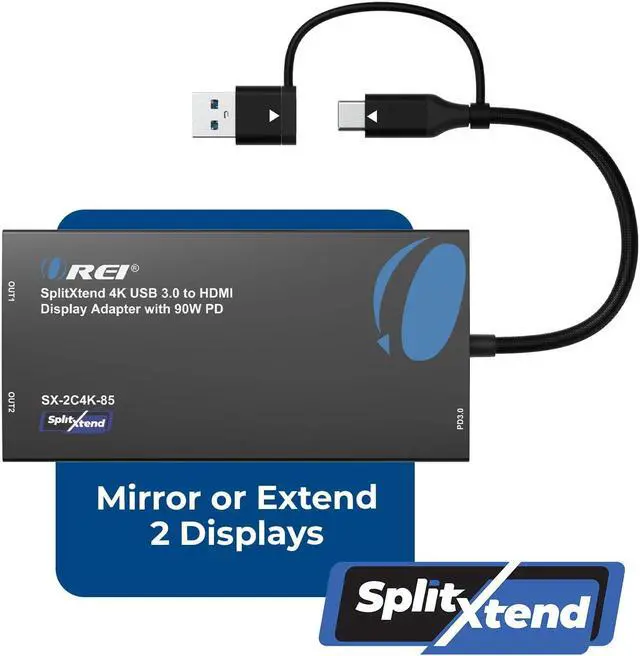 Alt view image 3 of 5 - OREI SplitExtend 4K HDMI Splitter Extended Display for Dual Monitor - Multi-Monitor Display 3 Separate Screens - USB A & USB-C Adapter to HDMI 2.0, 4K@60hz, 90W PD Charger, DisplayLink MacOS, Windows