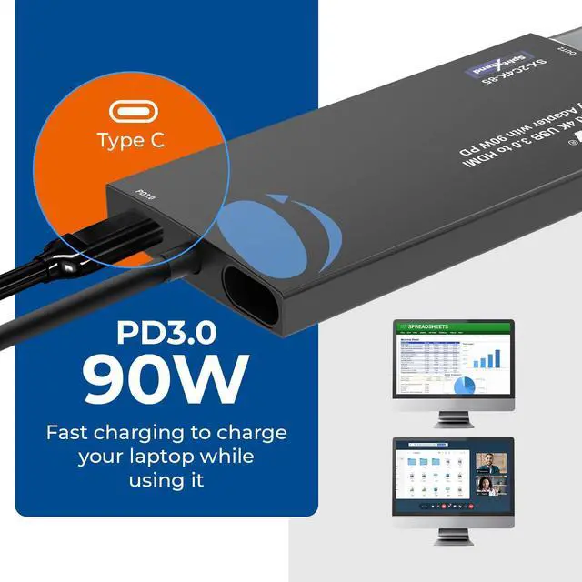 Alt view image 4 of 5 - OREI SplitExtend 4K HDMI Splitter Extended Display for Dual Monitor - Multi-Monitor Display 3 Separate Screens - USB A & USB-C Adapter to HDMI 2.0, 4K@60hz, 90W PD Charger, DisplayLink MacOS, Windows