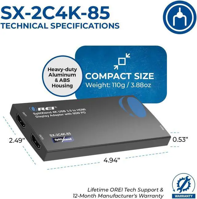 Alt view image 5 of 5 - OREI SplitExtend 4K HDMI Splitter Extended Display for Dual Monitor - Multi-Monitor Display 3 Separate Screens - USB A & USB-C Adapter to HDMI 2.0, 4K@60hz, 90W PD Charger, DisplayLink MacOS, Windows