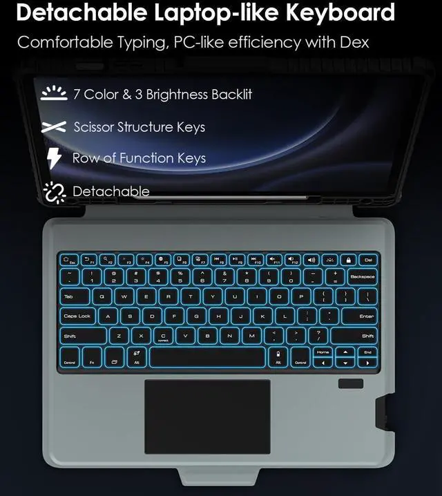 Alt view image 4 of 5 - Nillkin for Samsung Galaxy Tab S10 Plus/S9 Plus 12.4" Case with Detachable Keyboard, 7-Color Backlit, Trackpad, S Pen Holder, Rugged Keyboard Case with Camera Cover for Samsung Tablet S9+/S10+ 5G