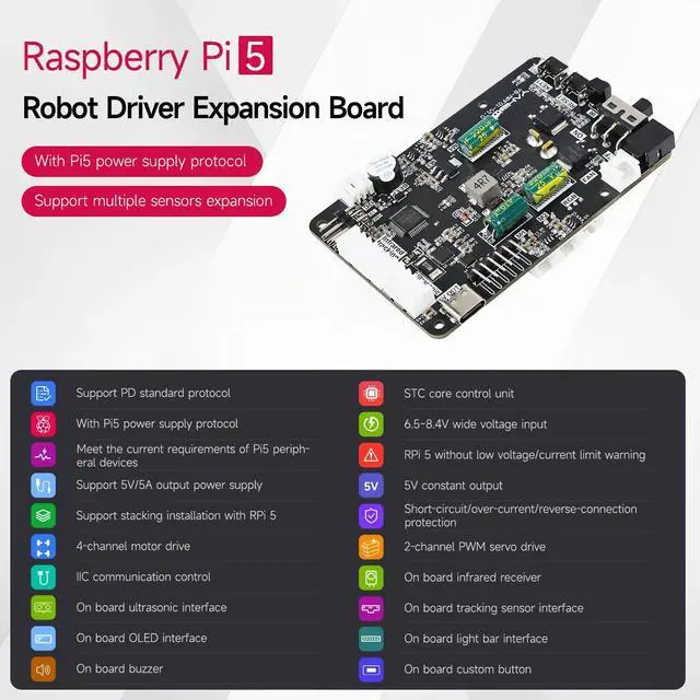 Alt view image 2 of 5 - Yahboom Raspberry Pi5 Robot Expansion Driver Board ROS Smart Car Supports 4WD Drive Servo Motor Sensor Compatible with RaspberryPi 5 PD Power Supply Protocol, I2C Communication