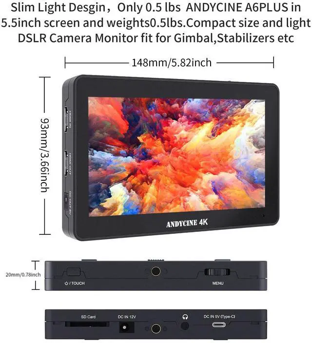 Alt view image 2 of 5 - ANDYCINE A6 Plus V2 6" Touch Screen Camera Field Monitor Bundle - Full HD 1920x1080, 4K HDMI Input, 3D LUT, Waveform, Focus Assist with Battery, Carry Case & Sunshade