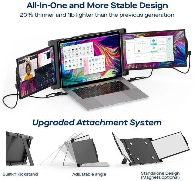 Alt view image 2 of 5 - Trio 13.3" Mobile Pixels Portable Laptop Monitor(2025 Version), FHD IPS Triple Monitor with Built-in Kickstand, Type-C/USB A Laptop Screen Extender(Optional Magnets), Windows/Android/macOS/Switch
