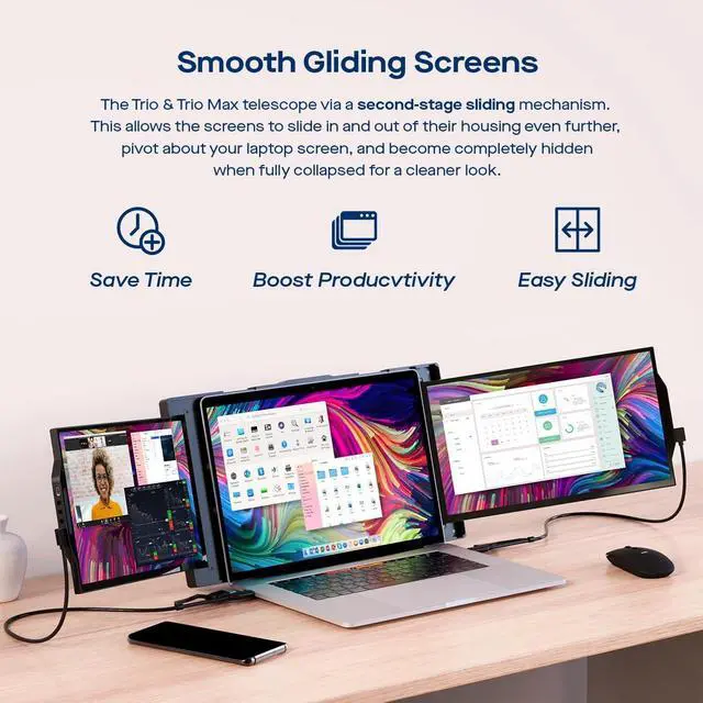 Alt view image 3 of 5 - Trio 13.3" Mobile Pixels Portable Laptop Monitor(2025 Version), FHD IPS Triple Monitor with Built-in Kickstand, Type-C/USB A Laptop Screen Extender(Optional Magnets), Windows/Android/macOS/Switch