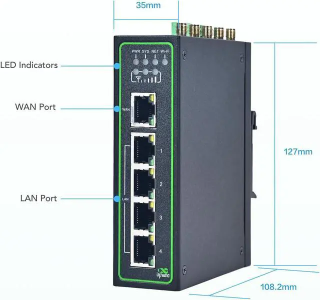 Alt view image 4 of 5 - InHand Networks IR315, Industrial IoT 4G LTE VPN Router, 300Mbps Cellular + Wi-Fi, Dual SIM Slots,5 Ethernet Port, Din-Rail Mounted, Support AT&T, T-Mobile & Verizon (LTE CAT 6 & Serial Port & GNSS)