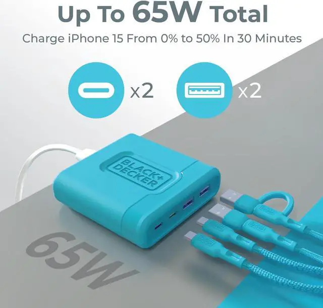 Alt view image 5 of 5 - BLACK+DECKER USB C Fast Charger 65W 4 Port Type USB C Charging Station Hub Block TypeC Wall Charger Power Strip Adapter Plug 2 USBC 2 USBA for iPad iPhone 15 14 13 12 Pro Max Pixel Note Galaxy, Blue