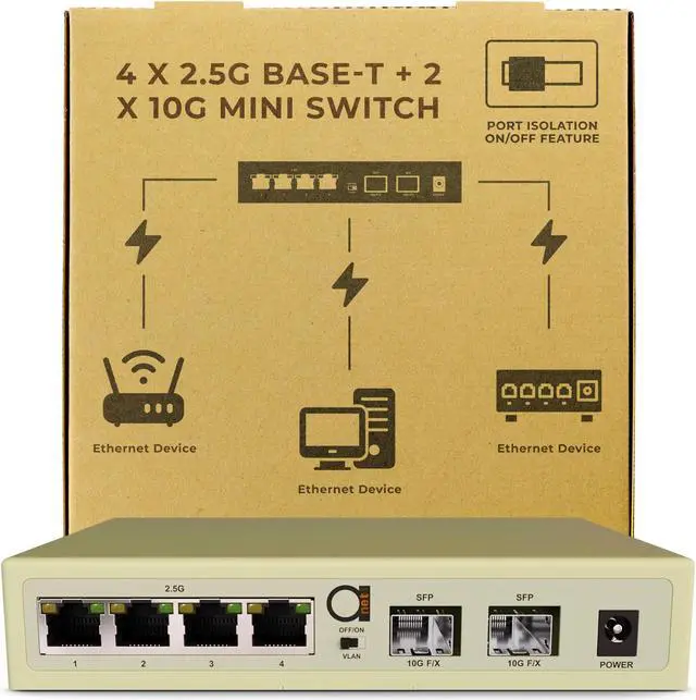 Main image of 6-Port 2.5G Unmanaged Ethernet Switch, 4 x 2.5G Base-T, 2 x 10G SFP+, VLAN Isolation, Fanless Metal Design, Supports 100/1000/2500Mbps, Desktop/Wall Mount, Ideal for NAS, PCs, and WiFi AP