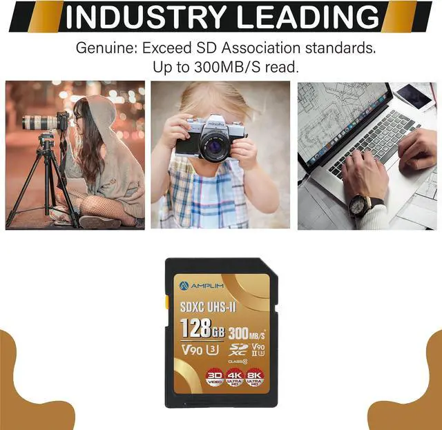 Alt view image 3 of 5 - Amplim 128GB V90 UHS-II SD SDXC Card, 300MB/S 2000X Read/Write Lightning Speed Performance, Extreme Read, U3 Secure Digital Memory Storage for Professional Photographer and Videographer