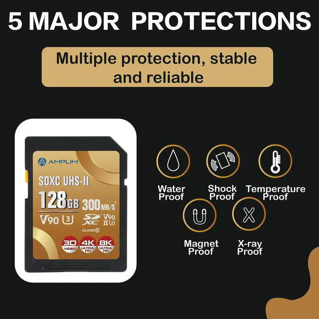 Alt view image 5 of 5 - Amplim 128GB V90 UHS-II SD SDXC Card, 300MB/S 2000X Read/Write Lightning Speed Performance, Extreme Read, U3 Secure Digital Memory Storage for Professional Photographer and Videographer