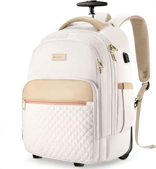 Main image of Arcoyard Small Rolling Backpack, Underseat Carry On Luggage With Wheels For Adults, 15.6 Inch Wheeled Backpack for Women, Travel Roller Bag, Beige