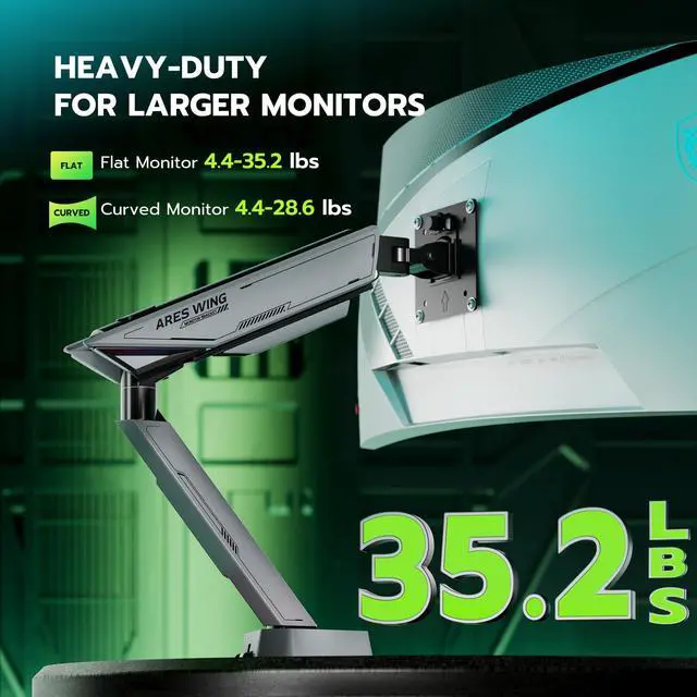 Alt view image 3 of 5 - ARES WING RGB Single Monitor Arm Desk Mount for 17-45 inches Flat and Curved Monitors, Holds 35.2 lbs Heavy Duty, Adjustable Ultrawide Monitor Arm with Clamp & Grommet Base, 75/100 VESA Mount, Gray