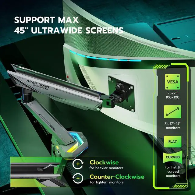 Alt view image 4 of 5 - ARES WING RGB Single Monitor Arm Desk Mount for 17-45 inches Flat and Curved Monitors, Holds 35.2 lbs Heavy Duty, Adjustable Ultrawide Monitor Arm with Clamp & Grommet Base, 75/100 VESA Mount, Gray