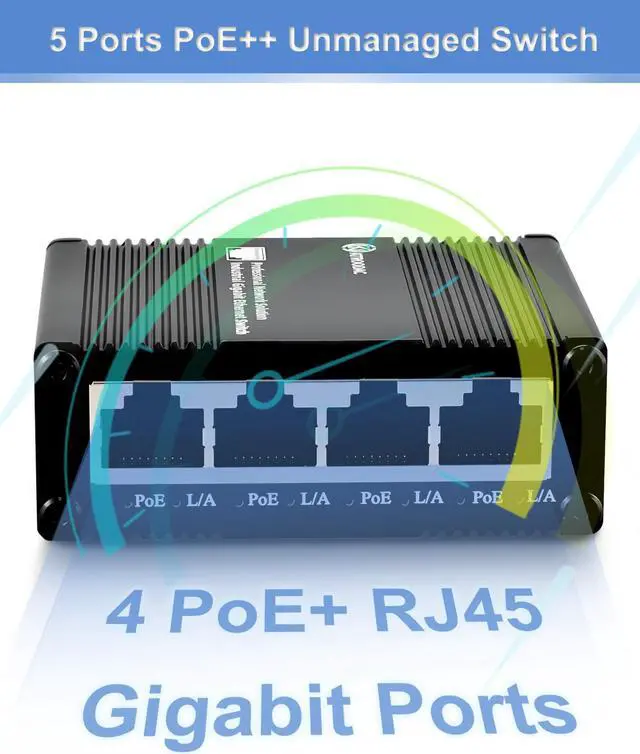 Alt view image 2 of 5 - Atroodac 5 Ports Gigabit PoE+ Mini Ethernet Switch - 4 PoE+ @ 120W With 1 Uplink Port, 802.3at Enhanced Protection, Unmanaged Network Switch, Plug & Play, Sturdy Metal Housing, Desktop Design