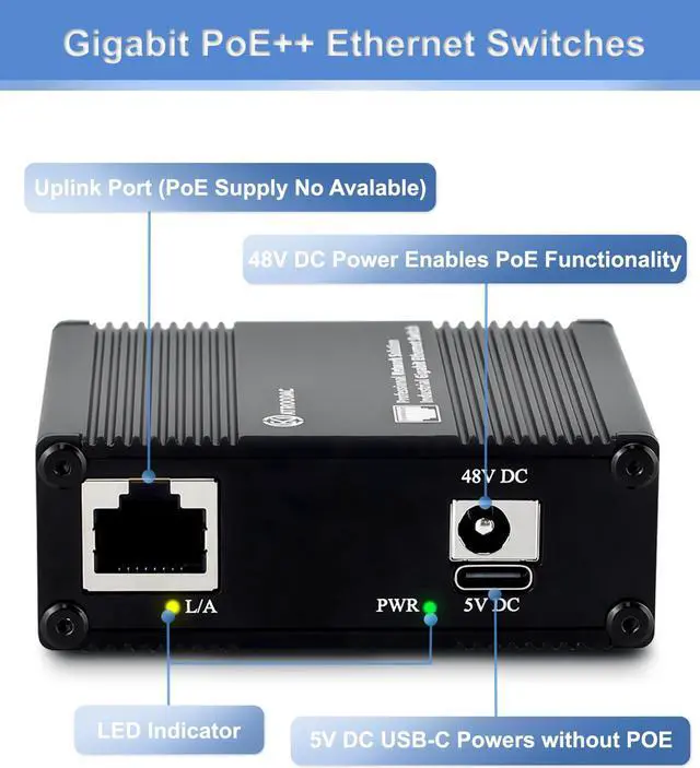 Alt view image 3 of 5 - Atroodac 5 Ports Gigabit PoE+ Mini Ethernet Switch - 4 PoE+ @ 120W With 1 Uplink Port, 802.3at Enhanced Protection, Unmanaged Network Switch, Plug & Play, Sturdy Metal Housing, Desktop Design