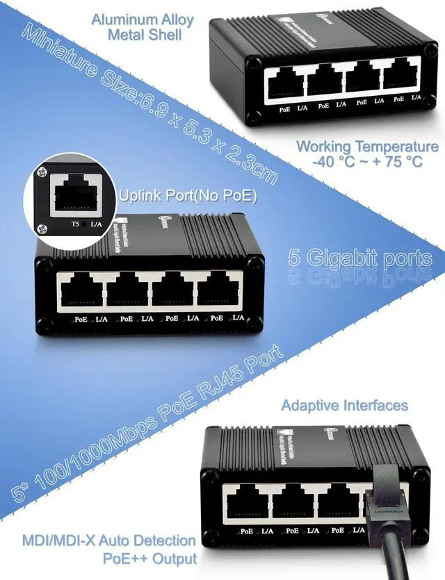 Alt view image 4 of 5 - Atroodac 5 Ports Gigabit PoE+ Mini Ethernet Switch - 4 PoE+ @ 120W With 1 Uplink Port, 802.3at Enhanced Protection, Unmanaged Network Switch, Plug & Play, Sturdy Metal Housing, Desktop Design