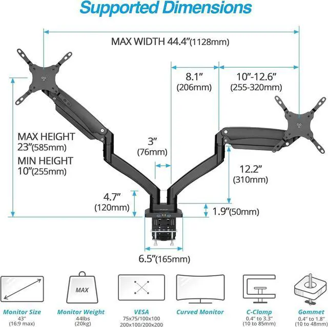 Alt view image 3 of 5 - AVLT Dual 13"-43" Monitor Arm - Desk Mount for Two Flat/Curved Monitors - Full Motion Height Swivel Tilt Rotation Adjustable - Black/VESA/C-Clamp/Grommet/Cable Management