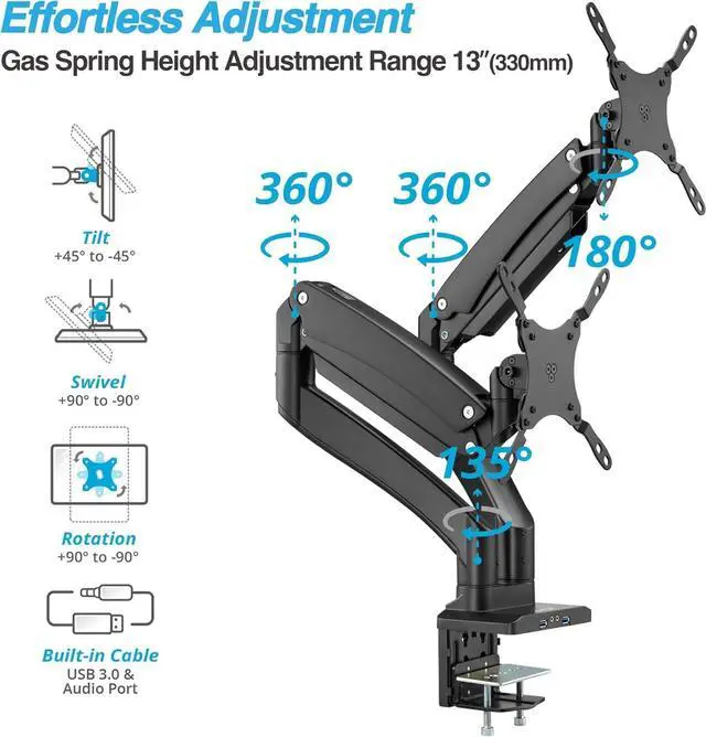 Alt view image 5 of 5 - AVLT Dual 13"-43" Monitor Arm - Desk Mount for Two Flat/Curved Monitors - Full Motion Height Swivel Tilt Rotation Adjustable - Black/VESA/C-Clamp/Grommet/Cable Management