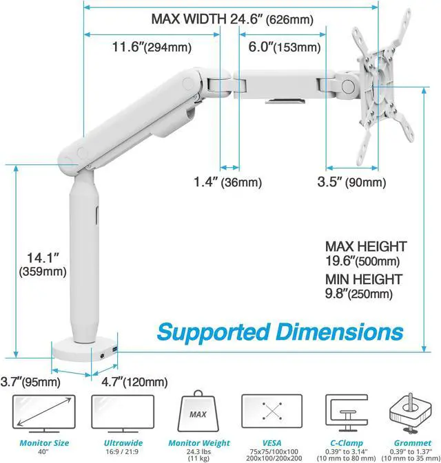Alt view image 3 of 5 - AVLT Single 17"-40" Ultrawide Easel Monitor Arm for Screens Up to 24.3 lbs, Premium Aluminum Designer Stand, Adjustable Pneumatic Height, Full Motion Swivel Tilt Rotation, USB-C USB-A Ports, White