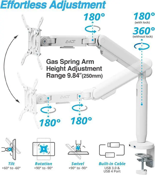 Alt view image 4 of 5 - AVLT Single 17"-40" Ultrawide Easel Monitor Arm for Screens Up to 24.3 lbs, Premium Aluminum Designer Stand, Adjustable Pneumatic Height, Full Motion Swivel Tilt Rotation, USB-C USB-A Ports, White
