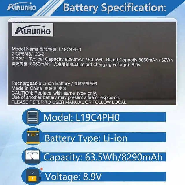 Alt view image 2 of 5 - AURUNHO L19C4PH0 63.5Wh Laptop Battery Replacement for Lenovo Yoga Slim 9 14ITL5 Series L19M4PH0 SB10Y75087 5B10Y75090 5B10Y75089 7.72V