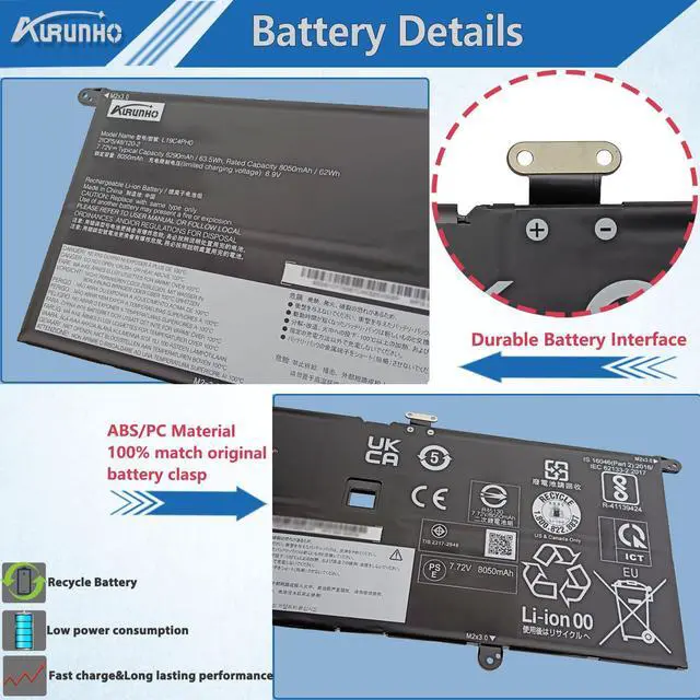Alt view image 3 of 5 - AURUNHO L19C4PH0 63.5Wh Laptop Battery Replacement for Lenovo Yoga Slim 9 14ITL5 Series L19M4PH0 SB10Y75087 5B10Y75090 5B10Y75089 7.72V