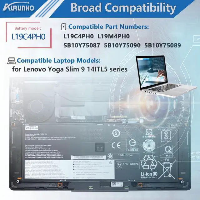 Alt view image 5 of 5 - AURUNHO L19C4PH0 63.5Wh Laptop Battery Replacement for Lenovo Yoga Slim 9 14ITL5 Series L19M4PH0 SB10Y75087 5B10Y75090 5B10Y75089 7.72V