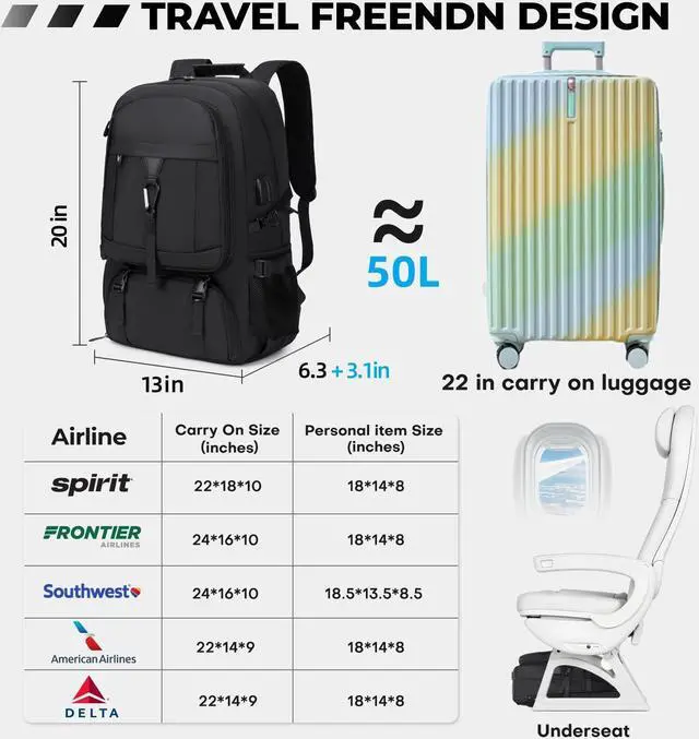 Alt view image 2 of 5 - Banlole 17.3 Inch gym backpack with shoe compartment,50L Multiple Compartments Backpacks, Airline Approved Carry on Travel Daypack Anti Theft with USB Charging Port,for Men Women Travel Work Business