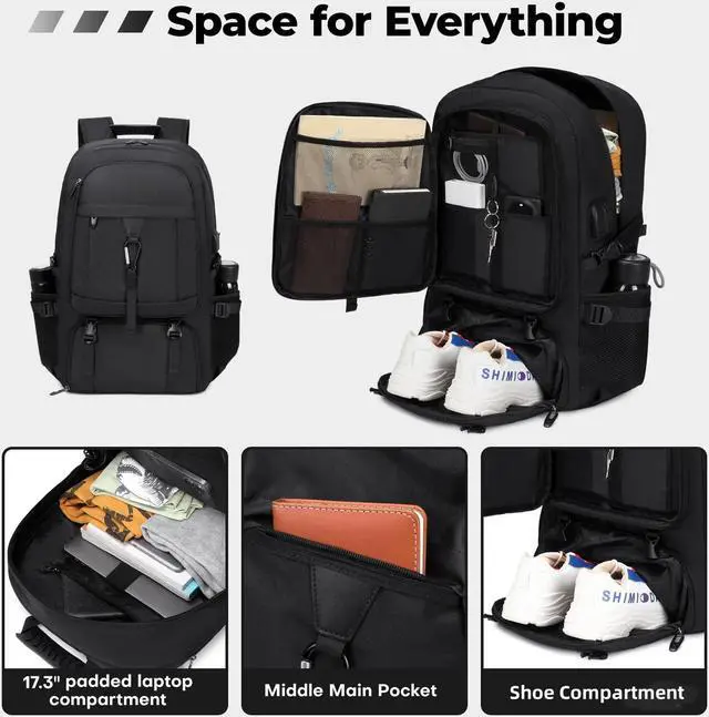 Alt view image 4 of 5 - Banlole 17.3 Inch gym backpack with shoe compartment,50L Multiple Compartments Backpacks, Airline Approved Carry on Travel Daypack Anti Theft with USB Charging Port,for Men Women Travel Work Business