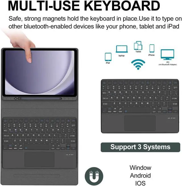 Alt view image 3 of 5 - Keyboard Case for Galaxy Tab A9 Plus 5G 11 Inch 2023, Multi-Touch Trackpad, Detachable Bluetooth Keyboard, Auto Sleep/Wake, Long Battery Life, Smart Folio Cover with S Pen Holder for Tab A9+ 11" Black
