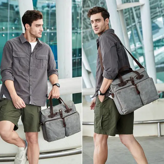 Alt view image 2 of 5 - BOVIP Laptop Bag for Men 15.6 Inch Messenger Bag Water-resistant Waxed Canvas Laptop Briefcase Computer Bag Shoulder Bag for Business Office Work, Gray
