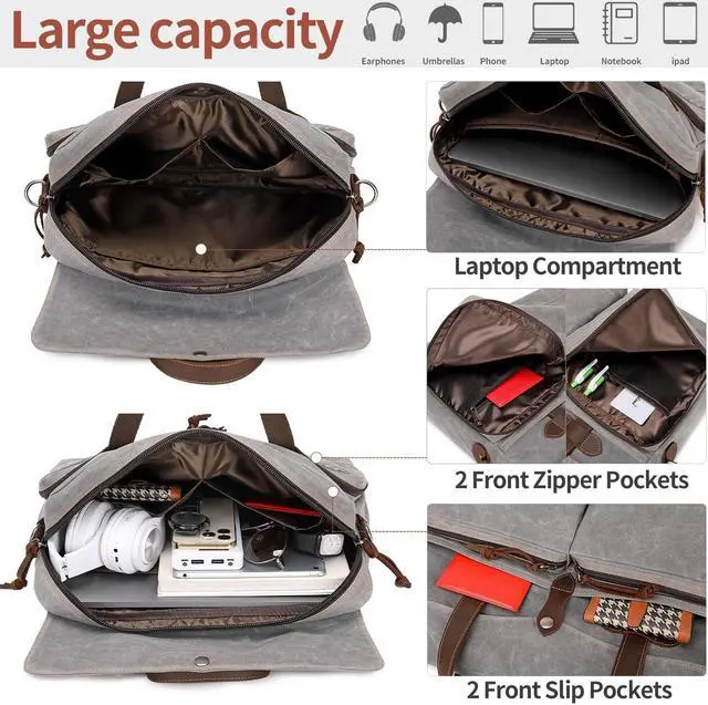 Alt view image 3 of 5 - BOVIP Laptop Bag for Men 15.6 Inch Messenger Bag Water-resistant Waxed Canvas Laptop Briefcase Computer Bag Shoulder Bag for Business Office Work, Gray