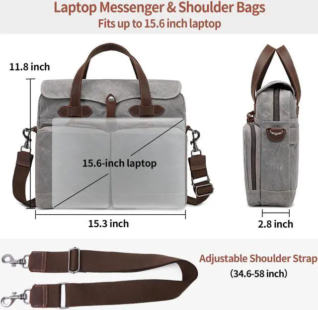 Alt view image 4 of 5 - BOVIP Laptop Bag for Men 15.6 Inch Messenger Bag Water-resistant Waxed Canvas Laptop Briefcase Computer Bag Shoulder Bag for Business Office Work, Gray