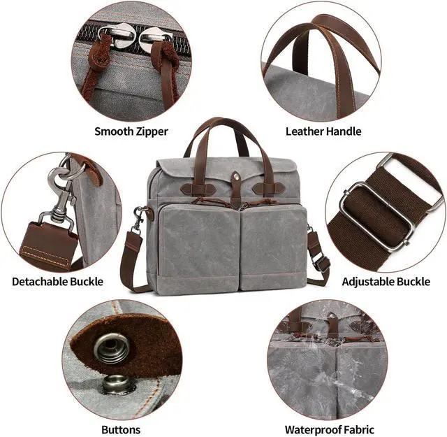 Alt view image 5 of 5 - BOVIP Laptop Bag for Men 15.6 Inch Messenger Bag Water-resistant Waxed Canvas Laptop Briefcase Computer Bag Shoulder Bag for Business Office Work, Gray